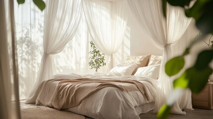 A cozy minimalist bedroom with a canopy bed, sheer curtains, and plush bedding, creating a dreamy and inviting atmosphere for rest and relaxation.