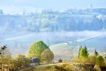 Serene countryside morning with mist rolling over gentle hills. Sunlight filters through, highlighting cozy farmhouse surrounded by lush trees. Scattered homes and winding paths, mist-covered valleys.