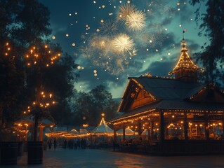 Fireworks lighting up the night sky over an Oktoberfest tent