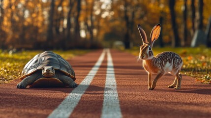 Hare and turtle are shown on a race path in an autumn forest, encapsulating a pivotal scene from the fable 'The Tortoise and the Hare', conveying steady persistence and resilience.