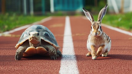 A tortoise and a hare are positioned at the starting line on a red athletic track, illustrating the timeless fable of the race between slow and steady versus fast and confident.