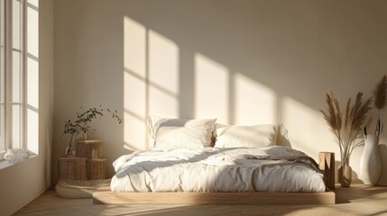 Fototapeta premium A cozy minimalist bedroom, with a low-profile bed, simple bedding, and minimalistic decor, fostering a sense of tranquility and relaxation.