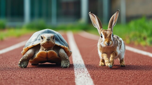 A clear image of a tortoise and a hare lined up on a red running track, ready to start a race, encapsulating the essence of their legendary contest. - Powered by Adobe