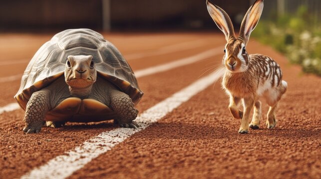 A close-up of a tortoise and a hare standing side by side on an athletic track, appearing ready to race each other, portraying the classic fable scene.