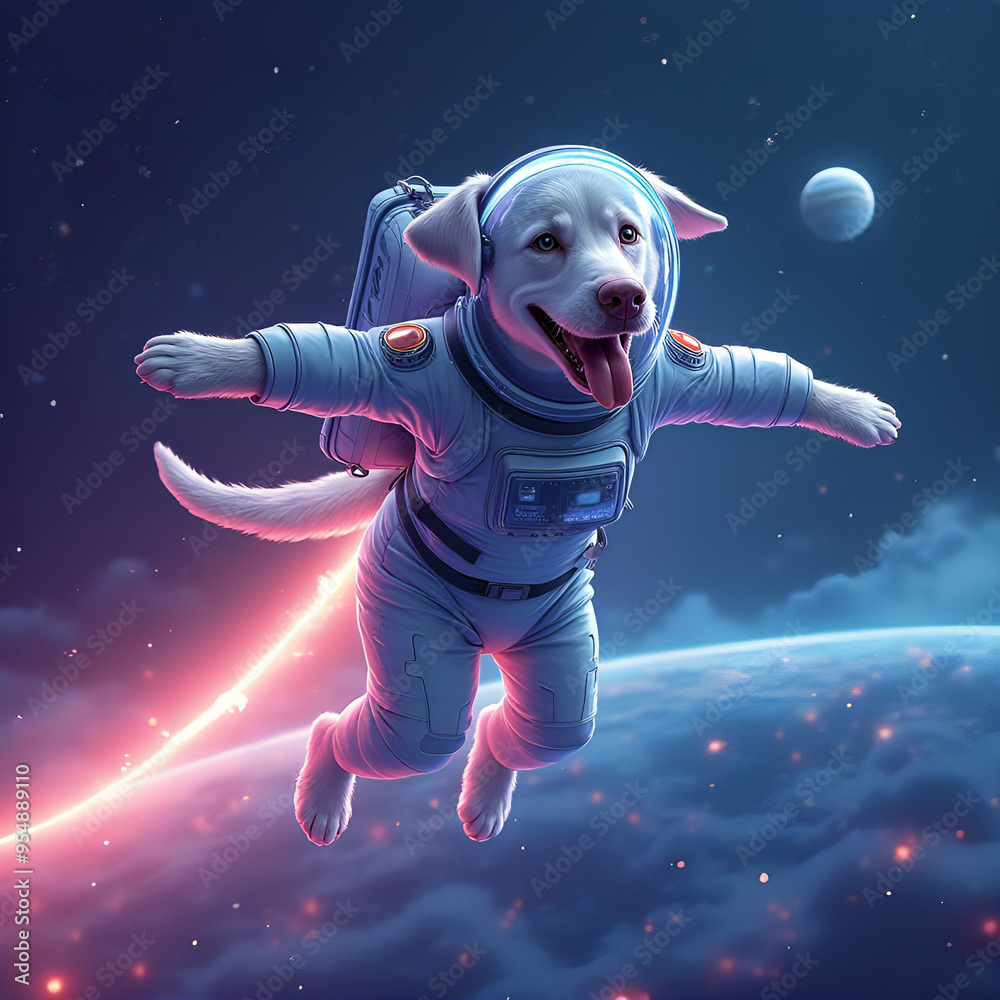 Wall mural a labrador dog wearing a stylish spacesuit flies among the stars and planets in vibrant colors, smil