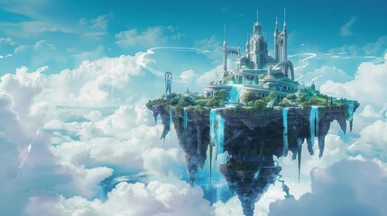 Obraz premium Envision a floating island high above the clouds, home to an ancient order of sky wizards. The island is lush and verdant, with waterfalls cascading into the abyss below. 