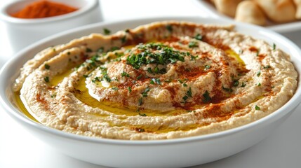 Creamy Hummus with Olive Oil, Paprika, and Parsley Garnish