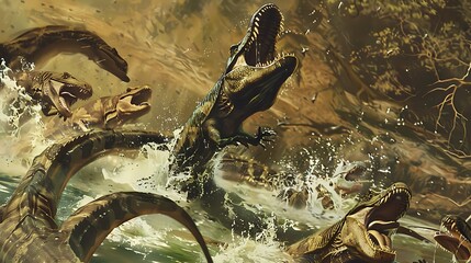 Titanoboa attacking a group of prehistoric animals near a watering hole The scene is chaotic and intense capturing the raw power of the predator