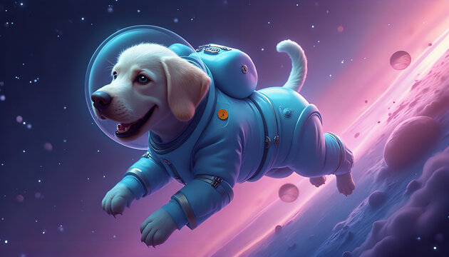 A Labrador dog wearing a stylish spacesuit flies among the stars and planets in vibrant colors, smiling and wagging his tail in a cheerful and exciting futuristic scene (6)