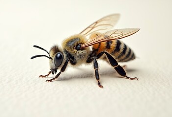 Intricate Bee Drawing: Close-up of a Honey Bee with Fine Hairs and Delicate Wing Patterns on Textured Paper 