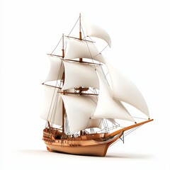 A detailed model of a sailing ship with visible sails and rigging, isolated on white