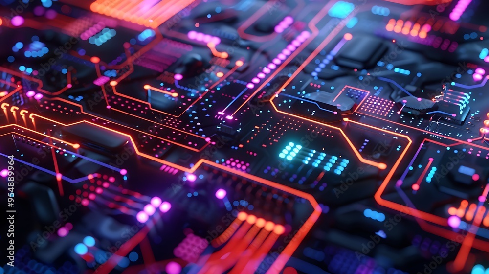 Poster abstract glowing circuit board with neon lights. the image captures the intricate complexity of mode