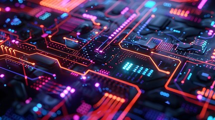 Fototapeta premium Abstract Glowing circuit board with neon lights. The image captures the intricate complexity of modern technology with its intricate network of wires and glowing circuits.