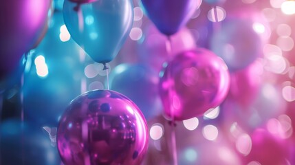 Party decoration colorful design, perfect for greeting card and birthday invitation. Event and anniversary bright background with balloons, confetti and decorations.