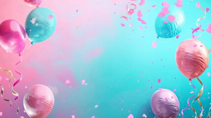 Fototapeta premium Party decoration colorful copy space design, perfect for greeting card and birthday invitation. Event and anniversary bright background with balloons, confetti and decorations.