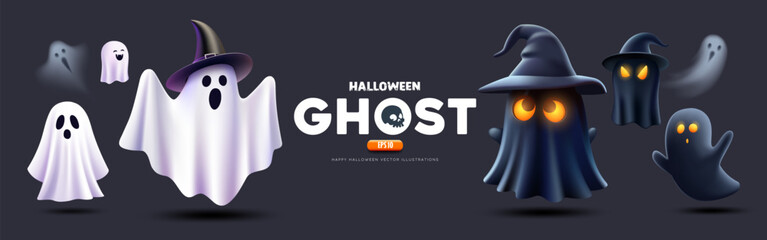 Halloween Ghost Black and white color, colletions banner design on dark blue background, Eps 10 vector illustration
