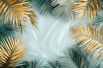 Fototapeta premium Creative nature background with gold and green tropical palm leaves. Minimal summer abstract banner with copy space.