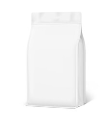 Vertical bag mockup. Flat bottom gusset bag. Half side view. High realistic. Vector illustration isolated on white background. Ready for use in presentation, promo, advertising and more. EPS10.