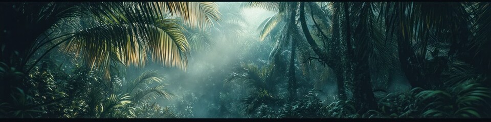 Tropical forest in darkness, with a dense and mysterious atmosphere.