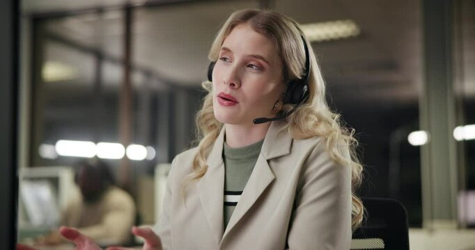 Call center, woman and customer service consultant in office for crm complaint escalation. Talking, headset and technical support agent with computer for online inbound consultation for resolution.