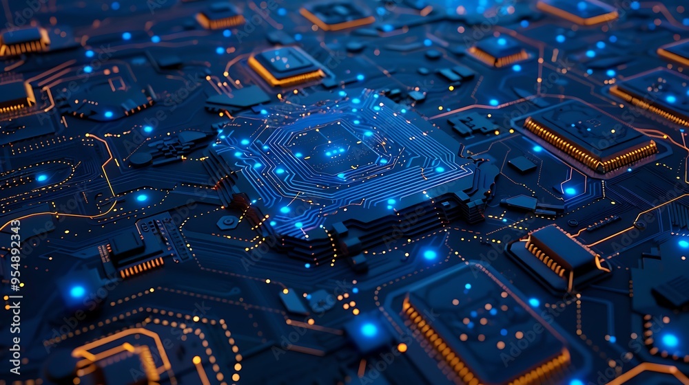 Poster close-up of a microchip with glowing circuits. the image highlights the complexity and intricate des