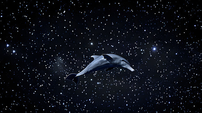 The constellation of Delphinus swimming in a starry sky.