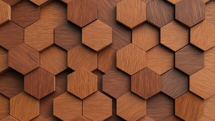 A stylish arrangement of hexagonal wooden panels in varying shades, perfect for interior design and decorative projects.