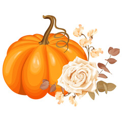 Vector illustration, an orange pumpkin combines with a white rose, beige flowers, and brown eucalyptus leaves to create a soft and elegant fall-themed composition.