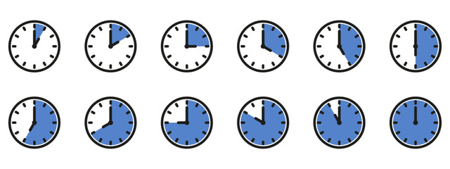 Time and clock icon set. Half past of the clock sign.Complete twelve hours pointed clockwise o'clock vector illustration. Analog wall clocks icons set.