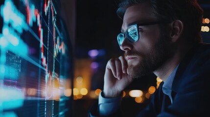 Financial trade manager analyzing stock market data on a digital display, strategizing investments.