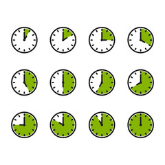 Time and clock icon set. Half past of the clock sign.Complete twelve hours pointed clockwise o'clock vector illustration. Analog wall clocks icons set.