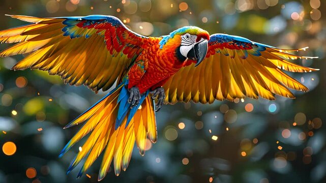 Vibrant macaw in flight with colorful feathers, nature concept