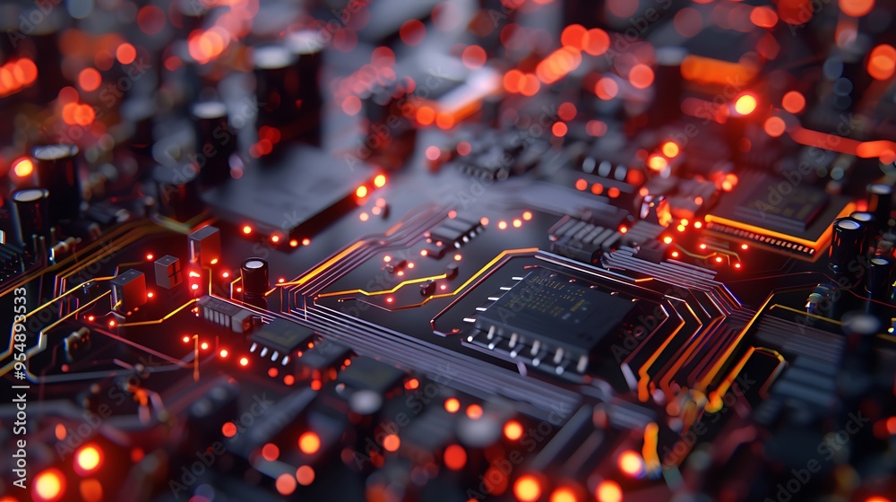 Poster close-up of a circuit board with red leds illuminating the intricate pathways and components. the im