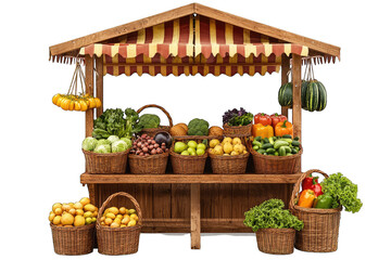 Colorful fruit and vegetable market stand featuring fresh produce in baskets, perfect for healthy lifestyle and outdoor market themes.