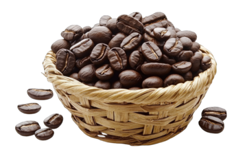 Freshly roasted coffee beans in a woven basket, perfect for coffee lovers and culinary enthusiasts.
