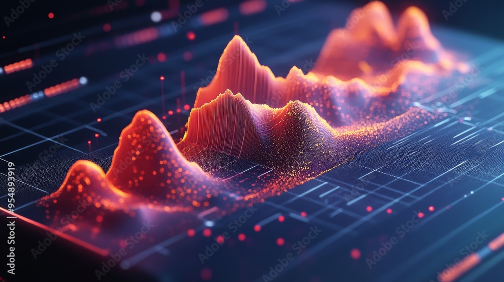 Poster A detailed 3D area chart with overlapping layers and transparent fills, providing a clear view of data trends and comparisons in three dimensions.