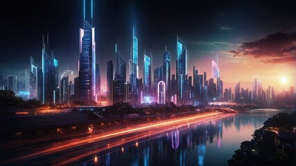 Obraz premium 現代のハイテク技術を反映したネオンライト効果が映える未来都市のベクター背景