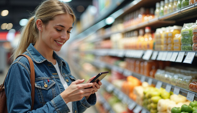 Happy woman using reminder on smart phone while shopping in supermarket.