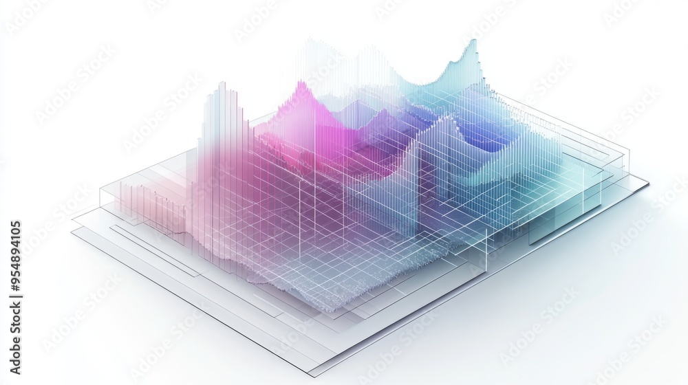 Fototapete a detailed 3d area chart with overlapping layers and transparent fills, providing a clear view of da