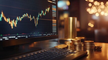 A detailed gold price graph on a computer screen, with gold bars and coins placed beside the keyboard, linking digital data with physical wealth.