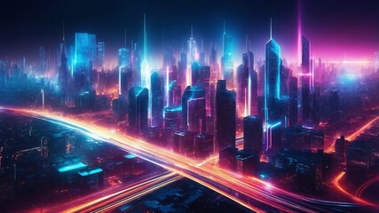 ネオンライトが光る未来都市のハイテク背景、デジタルデザイン