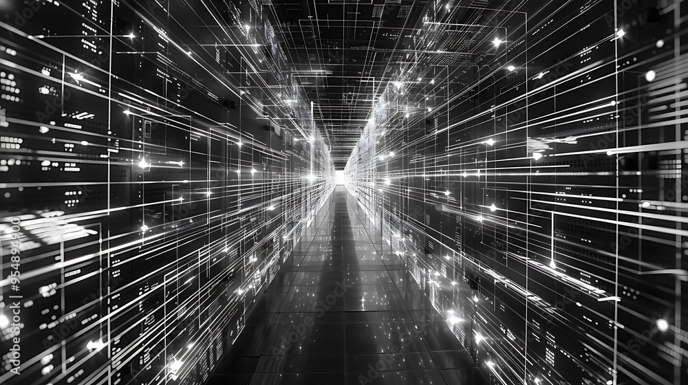 Poster abstract representation of a digital data network a futuristic tunnel filled with lines of code and 