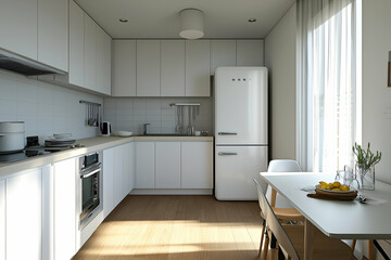 Modern compact kitchen with white cabinetry and wooden accents