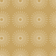 Abstract geometric pattern with circles, crosses, stripes, lines. Seamless vector background. White and gold ornament. Modern reticulated graphic design.