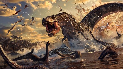 Titanoboa attacking a herd of prehistoric animals near a watering hole The scene is chaotic and intense capturing the raw power of the predator