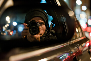 Fototapeta premium Hooded photographer capturing images from inside a car during nighttime, with city lights in the background.
