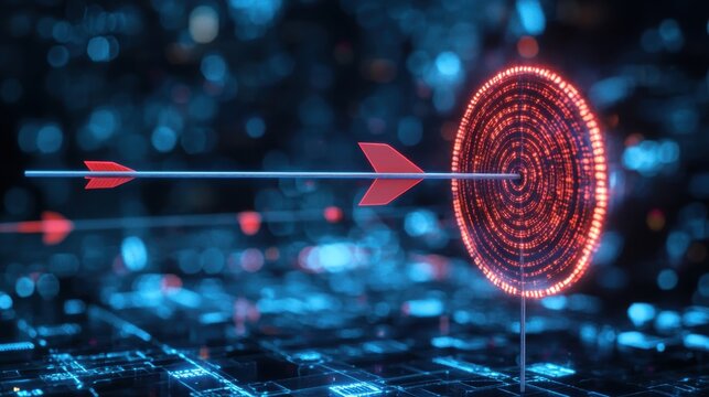 Digital representation of an arrow hitting a futuristic target in a high-tech environment with glowing elements and a dark background