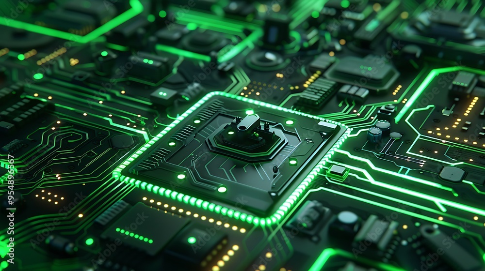 Poster close-up of a circuit board with glowing green lines. the board is a complex network of electronic c