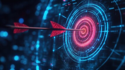 A digital arrow striking the center of a futuristic target in a vibrant, high-tech environment