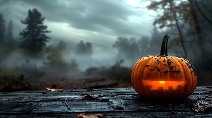 A lone pumpkin on a worn wooden table, blurred background showing a dark forest with shadowy trees, soft mist, and dim lighting creating an eerie and desolate Halloween atmosphere. --ar 16:9 --v 6.